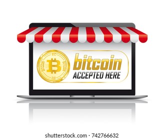 Notebook with red awning and text Bitcoin Accepted Here. Eps 10 vector file. 