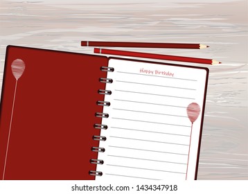 Notebook with red balloon hand-drawn. Dairy and pencils. Greeting card on holiday. Vector on wooden background. A realistic notepad. Office stationery. For notes