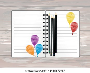 Notebook with red balloon hand-drawn. Dairy and pencils. Greeting card on holiday. Vector on wooden background. A realistic notepad. Office stationery. For notes