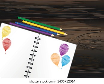 Notebook with red balloon hand-drawn. Dairy and pencils. Greeting card on holiday. Vector on wooden background. A realistic notepad. Office stationery. For notes