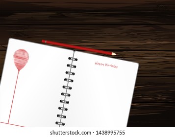 Notebook with red balloon hand-drawn. Dairy and pencils. Greeting card on holiday. Vector on wooden background. A realistic notepad. Office stationery. For notes