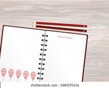 Notebook with red balloon hand-drawn. Dairy and pencils. Greeting card on holiday. Vector on wooden background. A realistic notepad. Office stationery. For notes