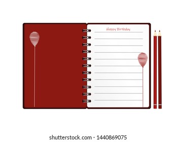 Notebook with red balloon hand-drawn. Dairy and pencils. Greeting card on holiday. Vector. A realistic notepad. Office stationery. For notes