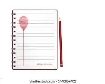 Notebook with red balloon hand-drawn. Dairy and pencils. Greeting card on holiday. Vector. A realistic notepad. Office stationery. For notes