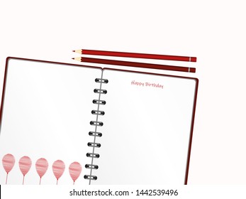 Notebook with red balloon hand-drawn. Dairy and pencils. Greeting card on holiday. Vector. A realistic notepad. Office stationery. For notes