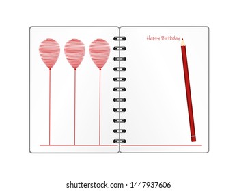 Notebook with red balloon hand-drawn. Dairy and pencils. Greeting card on holiday. Vector. A realistic notepad. Office stationery. For notes