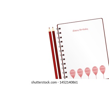 Notebook with red balloon hand-drawn. Dairy and pencils. Greeting card on holiday. Vector. A realistic notepad. Office stationery. For notes