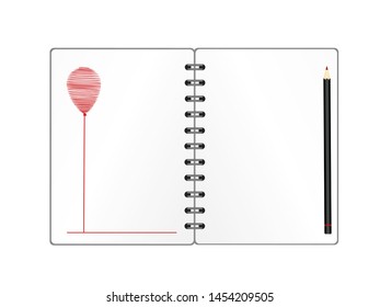 Notebook with red balloon hand-drawn. Dairy and pencils. Greeting card on holiday. Vector. A realistic notepad. Office stationery. For notes