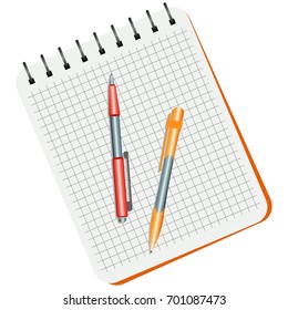 Notebook, red  pen and yellow pen on a white background