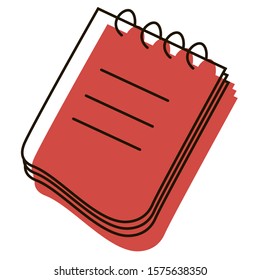 Notebook with red shadow icon. Daily planner. Pages with spiral. Vector illustration for web, graphic design, ui, application logo. Isolated on white background.