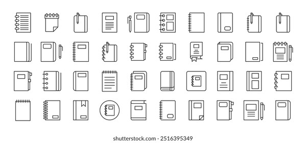 Symbol-Set für Notebooks. Bearbeitbarer Strich. Geeignet für Webseiten, Bücher, Karten, Apps 