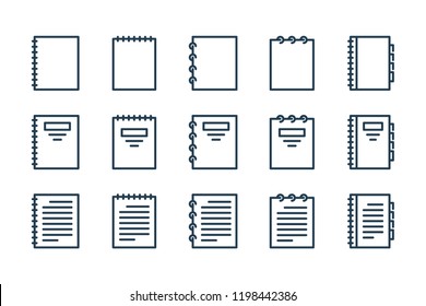 Notebook related line icon set. Copybook linear vector icons.