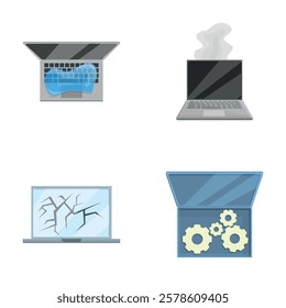 Notebook repair icons set cartoon vector. Various broken personal computer. Repair service, maintenance