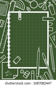 Notebook with sapce for text place at the center surrounded by stationery. Background design for school and education in vector illustration.  