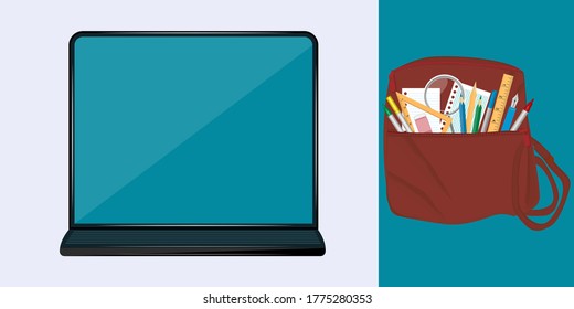 Notebook - SchBack to schoolool Backpack with stationery set - vector. Banner. Education. Back to school