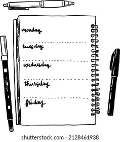 Notebook Schedule plan Weekly Planner with Pen Hand drawn Line art Illustration	