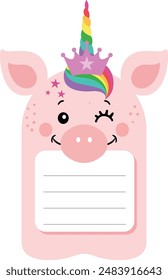 Notebook and school label of cute pig unicorn sticker