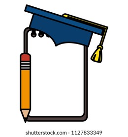 notebook school with pencil and graduation hat