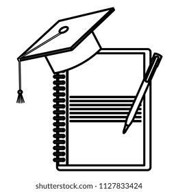 notebook school with pencil and graduation hat