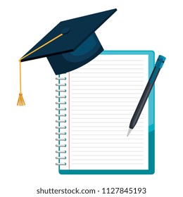 notebook school with pencil and graduation hat