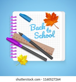 Notebook and school supplies on colorful bright background, stationery postcard back to school. Vector illustration