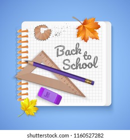 Notebook and school supplies on colorful bright background, stationery postcard back to school. Vector illustration