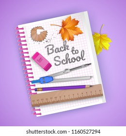 Notebook and school supplies on colorful bright background, stationery postcard back to school. Vector illustration