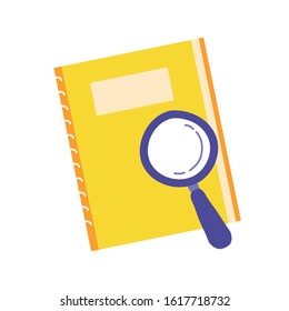 notebook school supply with magnifying glass vector illustration design