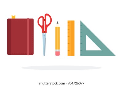 Notebook, scissors, pencil, triangular ruler and straight ruler for drawings vector flat material design isolated on white