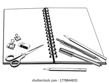 Notebook, scissors and pencils. Black and white sketchy illustration. Hand drawn vector.