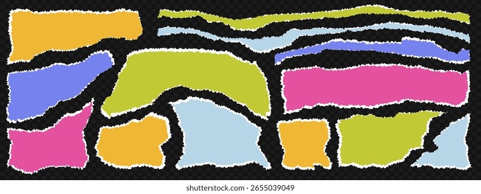 Página de notebook ou scrapbook com borda de papel rasgada. Folha vetorial mostrando um quadro recortado com contornos irregulares e ondulados e um acabamento texturizado e áspero. Design moderno de papel rasgado abstrato 