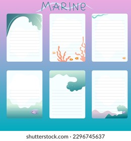  notebook sea pages and cover vector underwater waves and ocean fish 