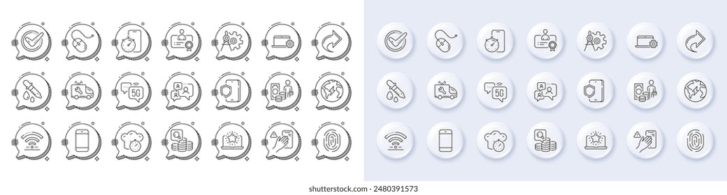 Notebook service, Fingerprint and Certificate line icons. White pin 3d buttons, chat bubbles icons. Pack of Cogwheel dividers, Smartphone, Confirmed icon. Vector