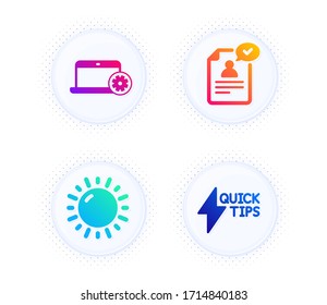 Notebook service, Resume document and Sunny weather icons simple set. Button with halftone dots. Quickstart guide sign. Computer repair, Application, Sun. Lightning symbol. Science set. Vector