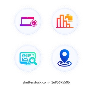 Notebook service, Seo analytics and Decreasing graph icons simple set. Button with halftone dots. Location sign. Computer repair, Statistics, Column chart. Map pointer. Business set. Vector