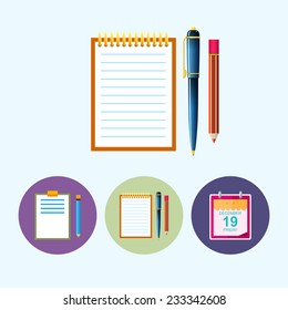 Notebook  .  Set from 3 round colorful icons,clipboard with a pencil,  notebook with a pen and a pencil, icon calendar leaf , data, vector illustration 