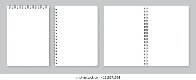 Notebook set, blank pages for writing notes. Opened notebook. Book of plain paper or paper with lines, realistic collection. Vector