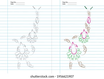 Notebook with a set of children's drawings, expressing romantic feelings, the illustration is isolated on the blue stripes on a white background and there is a copy space.