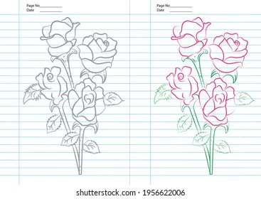 Notebook with a set of children's drawings, expressing romantic feelings, the illustration is isolated on the blue stripes on a white background and there is a copy space.
