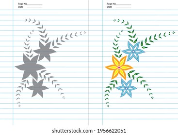 Notebook with a set of children's drawings, expressing romantic feelings, the illustration is isolated on the blue stripes on a white background and there is a copy space.