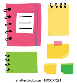 Notebook set, hand drawn school supplies notebook notepad and sticker. Stationery for invitation or gift card, notebooks scrapbook flat cartoon vector isolated collection