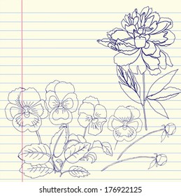 Notebook set with peony and pansy. Vector illustration