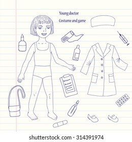 Notebook set young doctor. Hand drawn set with girl, costume of doctor and game. Vector Illustration