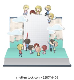 Notebook with several children printed on open book. Vector design.