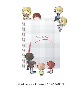 Notebook with several children. Vector design.