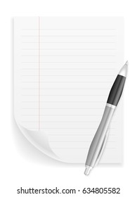 Notebook sheet and ballpoint pen on a white background.