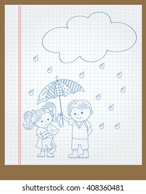 The notebook sheet in a cage with a boy and a girl with a cat in the rain