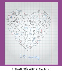 The notebook sheet in a cage with painted icons on the theme of chemistry in the shape of a heart
