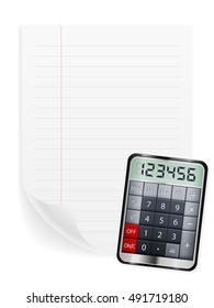 Notebook sheet and calculator on a white background.