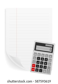 Notebook sheet and calculator on a white background.